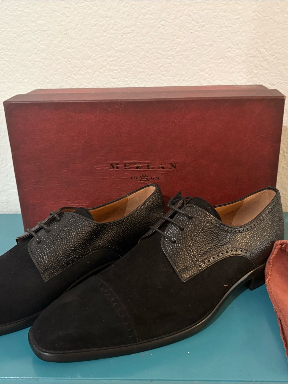 Mezlan Black Suede and Textured Leather Derby Shoes